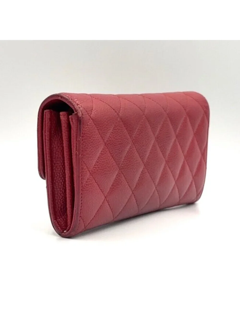 Chanel Quilted Caviar Leather Red Wallet Silver